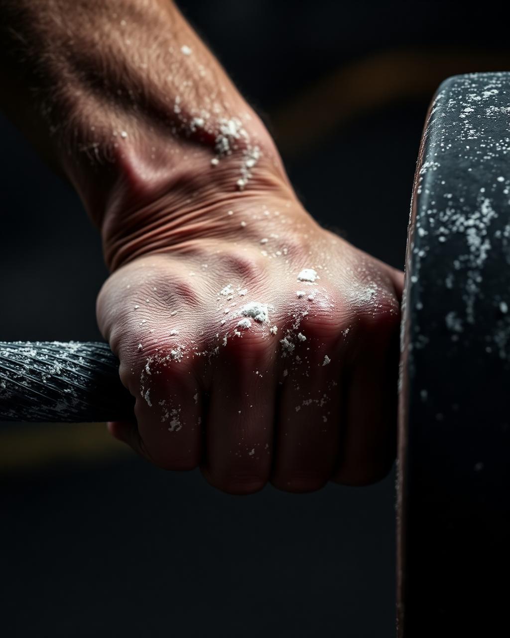 Chalked hand gripping a barbell